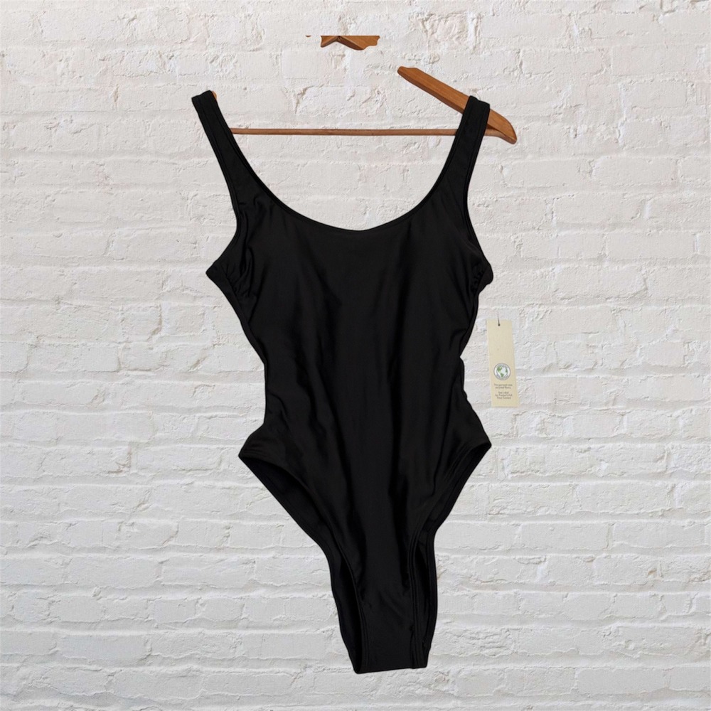 No Boundaries Black One Piece Swimsuit Scoop Neck High Cut Recycled Size S 4-6